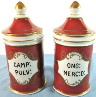 ANTIQUE APOTHECARY JARS Set Of 2 HAND PAINTED FRANCE RED GOLD CAMP: Pulv MERC:D 2