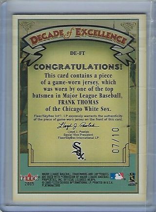 2005 Fleer Platinum Decade Of Excellence Frank Thomas White Sox Game Worn Jersey 2