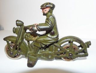 Antique Hubley Cast Iron Harley Davidson Motorcycle Toy & Rider 6 " Long Green