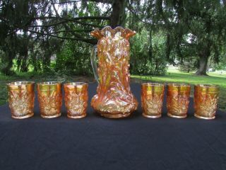Dugan Heavy Iris Antique Carnival Glass Complete 7 Pc.  Water Set Marigold