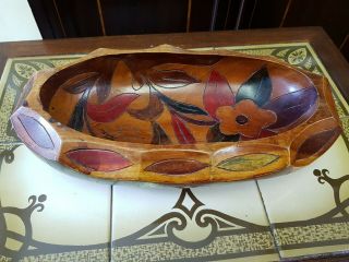 Vintage Heavy Wooden Carved Bowl With Hand Painted Details