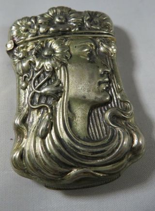 Antique Art Nouveau Sterling Silver Plated Match Case With Female Figure