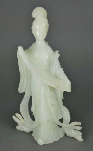 Fine Old Chinese Carved Light Celadon Jade Guanyin Statue With Scroll