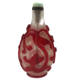 Chinese Glass Overlay Snuff Bottle Red On Snowflake Glass With Scoop
