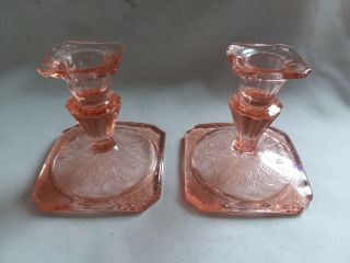 Vintage Jeannette Pink Adam Candleholders Pair Depression Glass