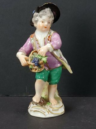 Antique Meissen Porcelain Figurine Of A Boy With Basket Of Grapes
