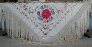 Fine Old Antique Chinese Export Canton Manton Hand Embroidered Silk Piano Shawl