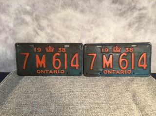 Vintage Ontario 1938 License Plates Pair Set 7m 614 Canada Plate