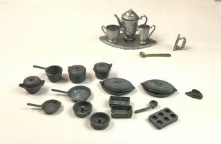 Vintage Dollhouse Miniatures 25,  Pewter Items Tea Set Cooking Pans