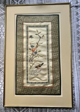 Vtg Framed Asian Chinese Oriental Silk Embroidery Bird Butterfly Floral Tapestry
