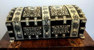 Antique Box Chest Trunk Satin Wood Frame Indian Persian White Detail Paw Feet