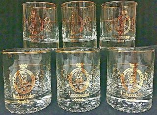 Vintage Ambassador Scotch Shot Glass Set Of 6 Gold Bar Pub Advertising