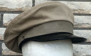 Bancroft Zephyr Military Cap Hat Sz 7 1/8 Tan Khaki / Black Patent Vintage
