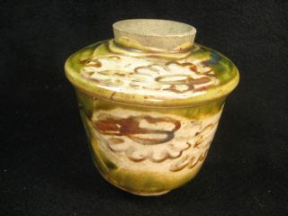 Vintage Japanese Signed Oribe Ware Chawan Tea Bowl Green Sensha Tea Lidded Cup