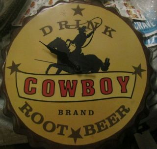 Vintage Drink Cowboy Brand Root Beer Bottle Cap Clock 14 3/4 " Round