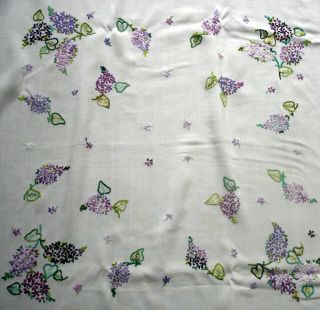 Vintage Hand Embroidered Hyacinths White Lace Edge Tablecloth