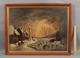 19thc Antique American Folk Art Winter Snow Ice Skating Village Oil Painting Nr