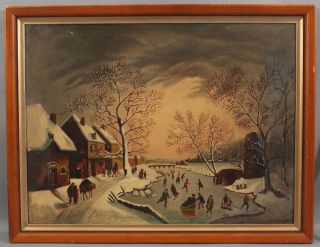 19thC Antique American Folk Art Winter Snow Ice Skating Village Oil Painting NR 2