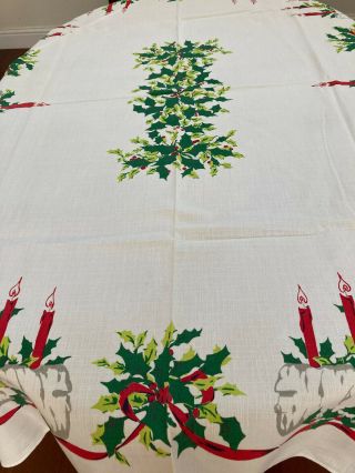 Fabulous True Vintage Print Christmas Tablecloth - Yule Log,  Candles,  Holly Etc