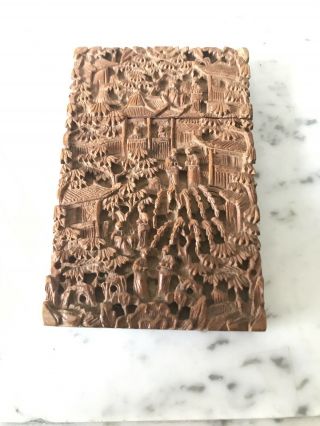Antique 19th Century Chinese Cantonese Intricately Carved Wooden Card Case