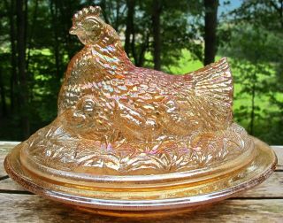 Sowerby Hen On Nest Antique Carnival Glass Bowl Chicken Peeps Chicks Marigold