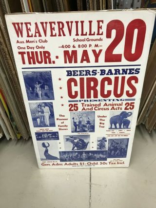 Vintage Beers Barnes Circus Poster 17 " By 26 " Photos Of Acts/ Dated Info