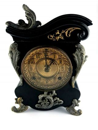 Antique 1882 Ansonia Victorian Cast Iron Mantle Clock Ornate Brass Movement Usa