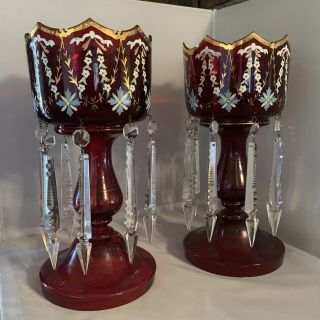 Antique Pair Red Mantle Lustres Glass And Hand - Painted W/ Prisms Lusters Boho