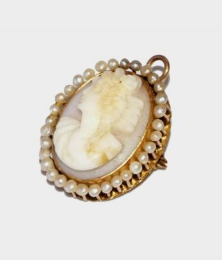 Antique 14k Yellow Gold Shell Cameo Pin & Pendant W 32x Pearl Halo Accent (hil