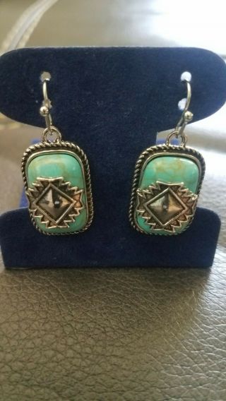 Vintage Southwest Sterling Silver Turquoise Inlay Drop Dangle Earrings