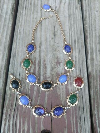 Vtg Egyptian Revival Multi - Color Scarab Beetle Necklace & Bracelet Set Glass