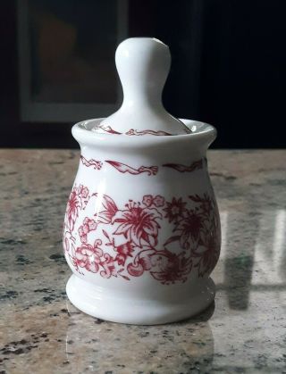 Vintage Mayer China Delmar Red Floral Design Mustard Jar W/spoon Lid