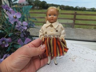 Vintage Antique Miniature 6 " Jointed Toy Doll Nicely Painted Composition Mohair