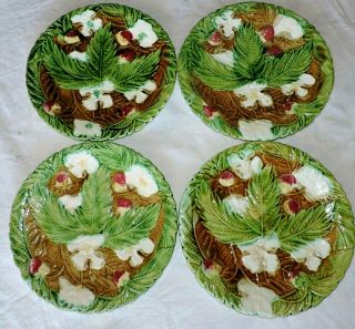 Set Of 4 Antique French Majolica Orchies Plate With Strawberries