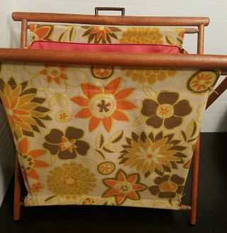 Vintage Knitting Sewing Crochet Stand Up Cloth Bag Folding Basket Wood Frame