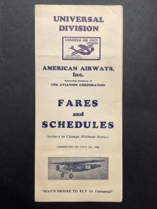 July 1930 Universal Air Lines System Fares & Schedules Brochure American Airways
