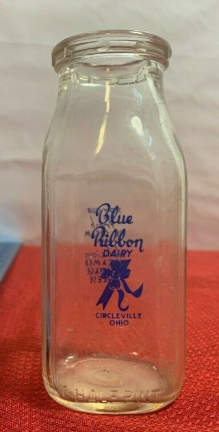 Vintage Blue Ribbon Milk Glass Circleville Ohio Half Pint 106b