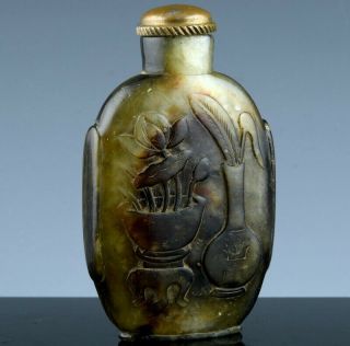 Antique 19thc Chinese Carved Soapstone Precious Objects Lotus Pond Snuff Bottle