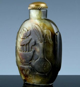 ANTIQUE 19THC CHINESE CARVED SOAPSTONE PRECIOUS OBJECTS LOTUS POND SNUFF BOTTLE 2