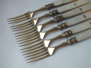 Matched Set of 5 Antique Sterling Silver & MoP Handles Dessert Forks 1902/ 18cm 2