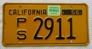 1956 California Ps (public Service) License Plate W/ 1962 Year Sticker 2911