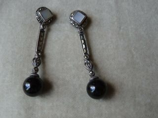 Vintage Jewellery Modern Sterling Silver Mother Of Pearl Onyx Drop Earrings