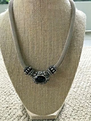 Vintage Stocko Snap Necklace With Black Stone Pendant 15 " Mesh Tube Chain