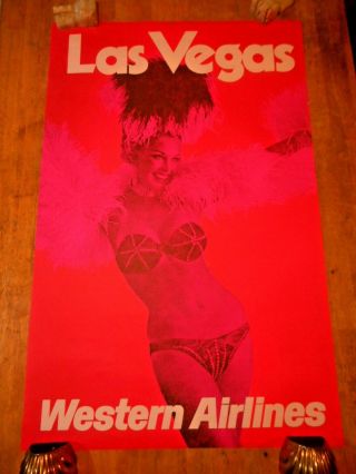 C 1970s Las Vegas Western Airlines Travel Poster Showgirls Blacklight??