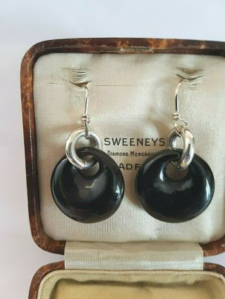 Antique Victorian Whitby Jet/ Silver Heavy Loop Dangle Carved Earrings C1900