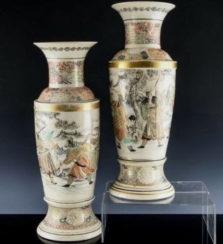 Large Pair C1890 Japanese Meiji Satsuma Enamel Samurai Warriors Landscape Vases