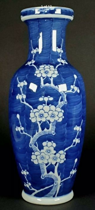 Antique Chinese Kangxi Style Blue White Prunus Blossom Rouleau Vase 12”