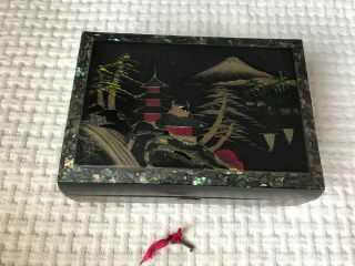 Vintage Japanese Jewelry Box Black Lacquer Inlay Hand Painted W/ Key 40s 50s