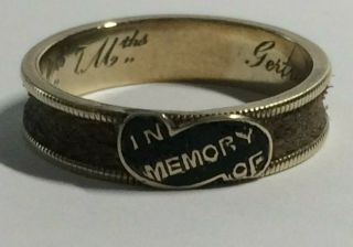 Antique 9.  Ct Gold In Memory Of Black Enamel Mourning Ring,  Dated 1853,  1.  76.  Gram