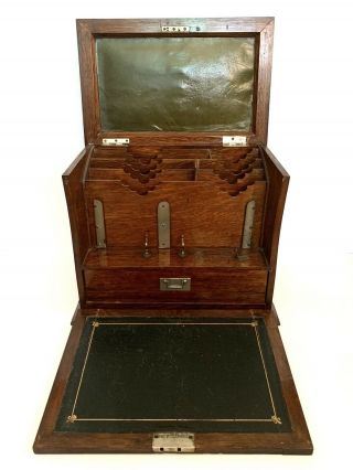 Antique 19th Century Oak Stationary Writing Box With Letters Rack And Pen Holder